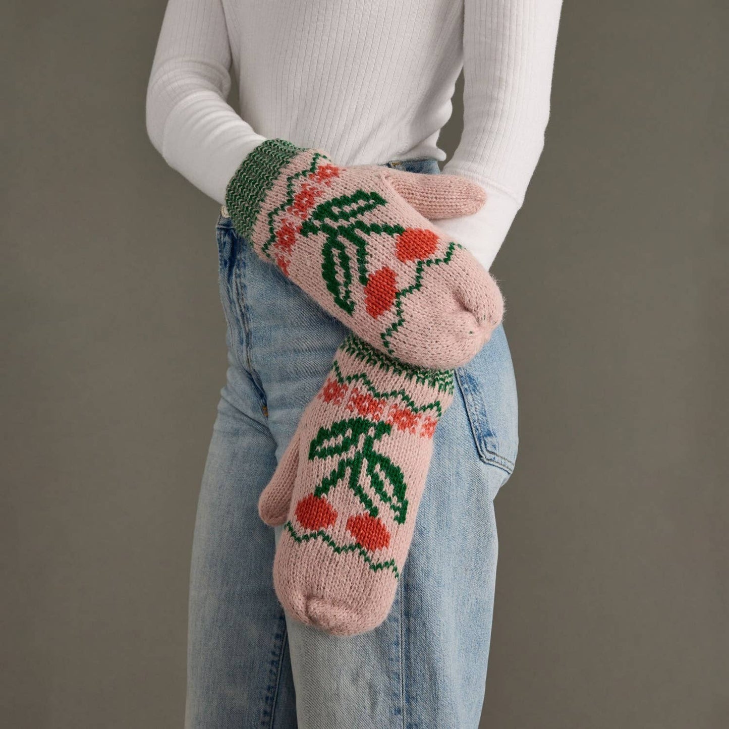 Lt. Pink Cherry Pattern Mittens