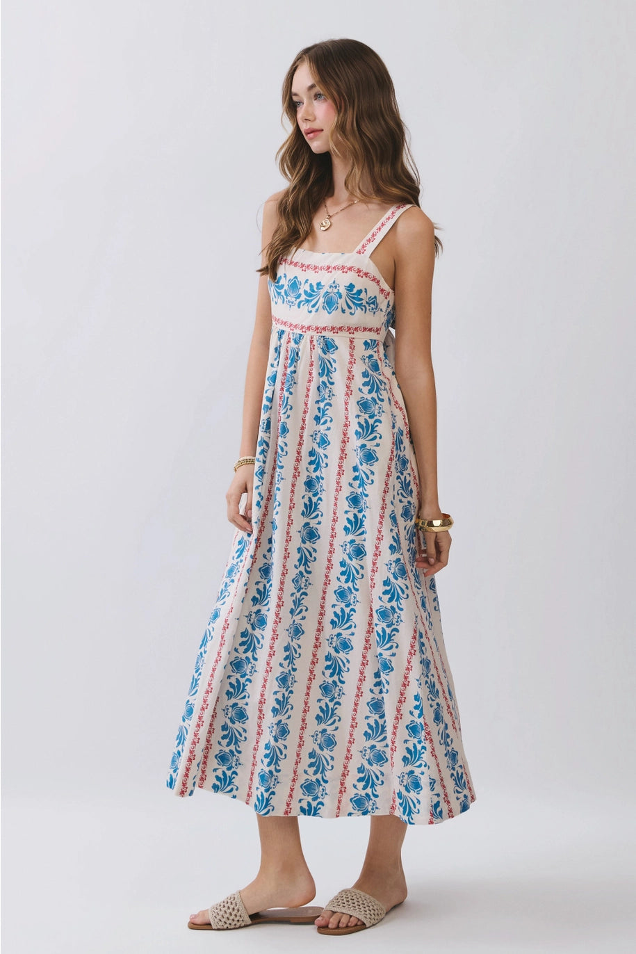 Square Neck Tie Back Midi Dress