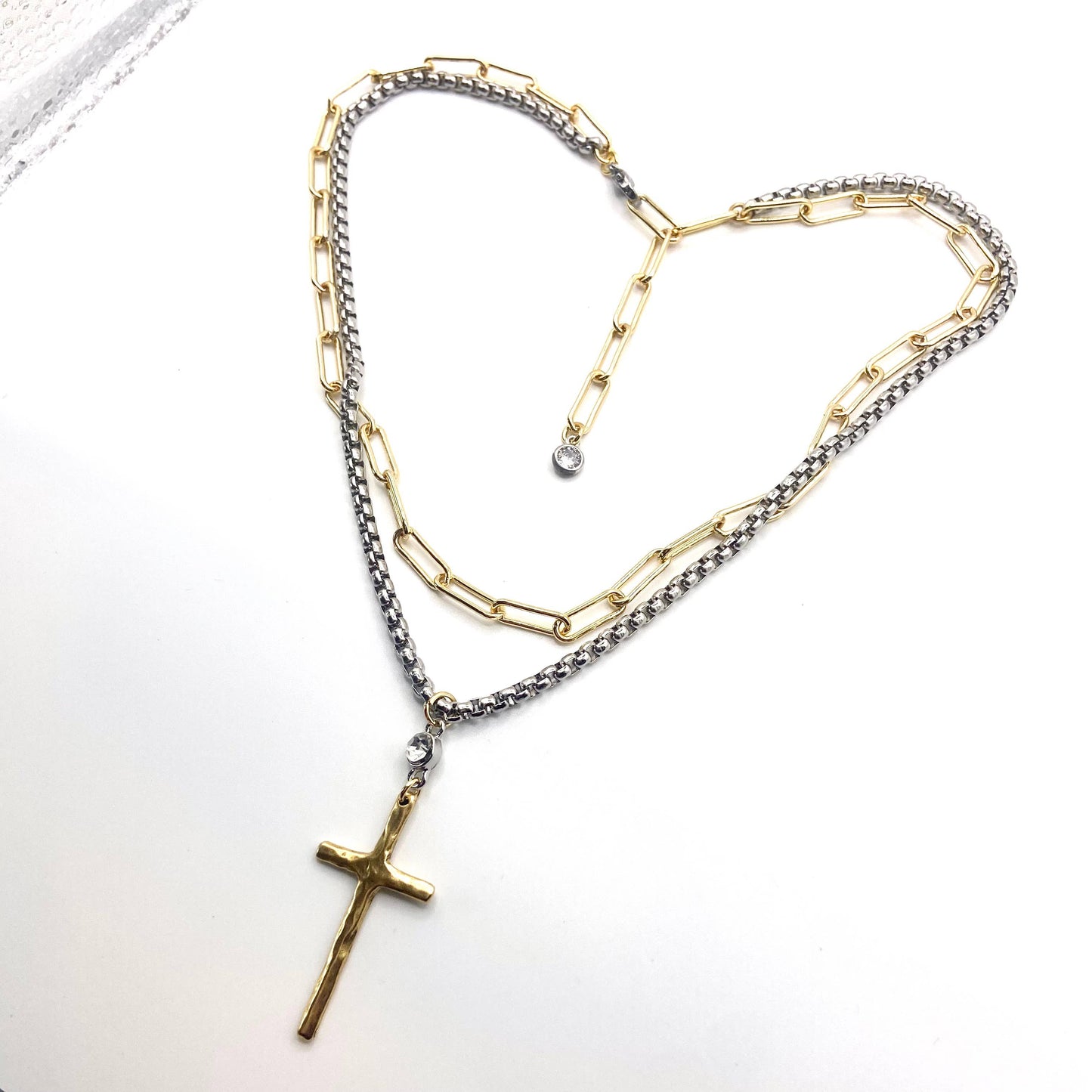 Mixed Metal Layered Cross Necklace
