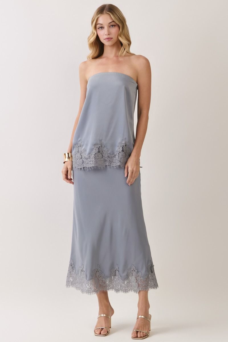 Lace Trim Satin Maxi Skirt