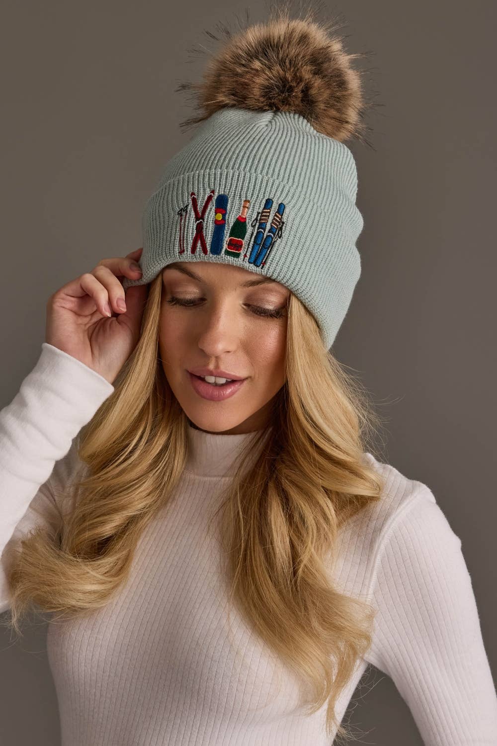 Lt. Blue Ski Embroidered Pom Hat