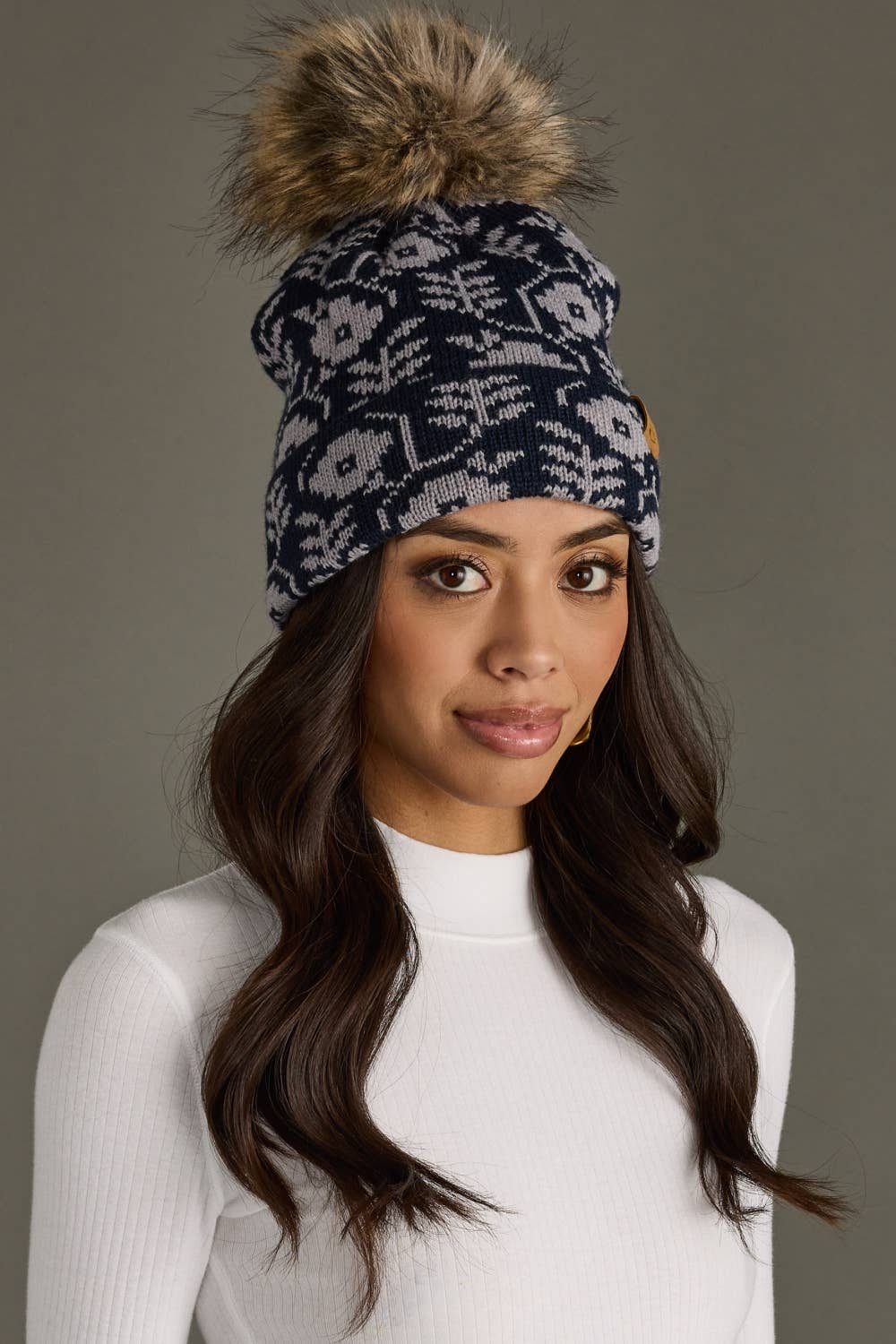 Navy & Gray Floral Pom Hat