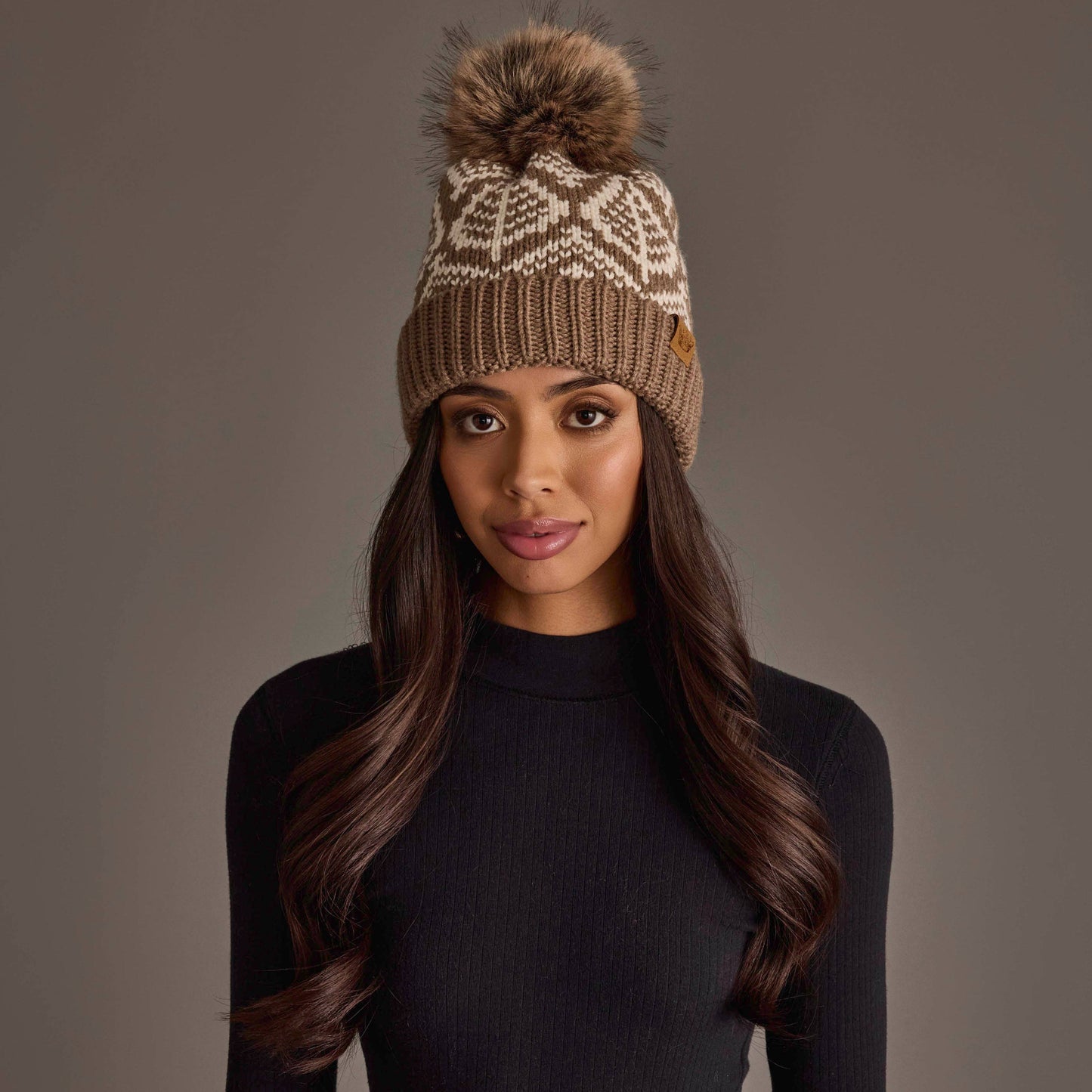 Taupe & Beige Patterned Pom Hat