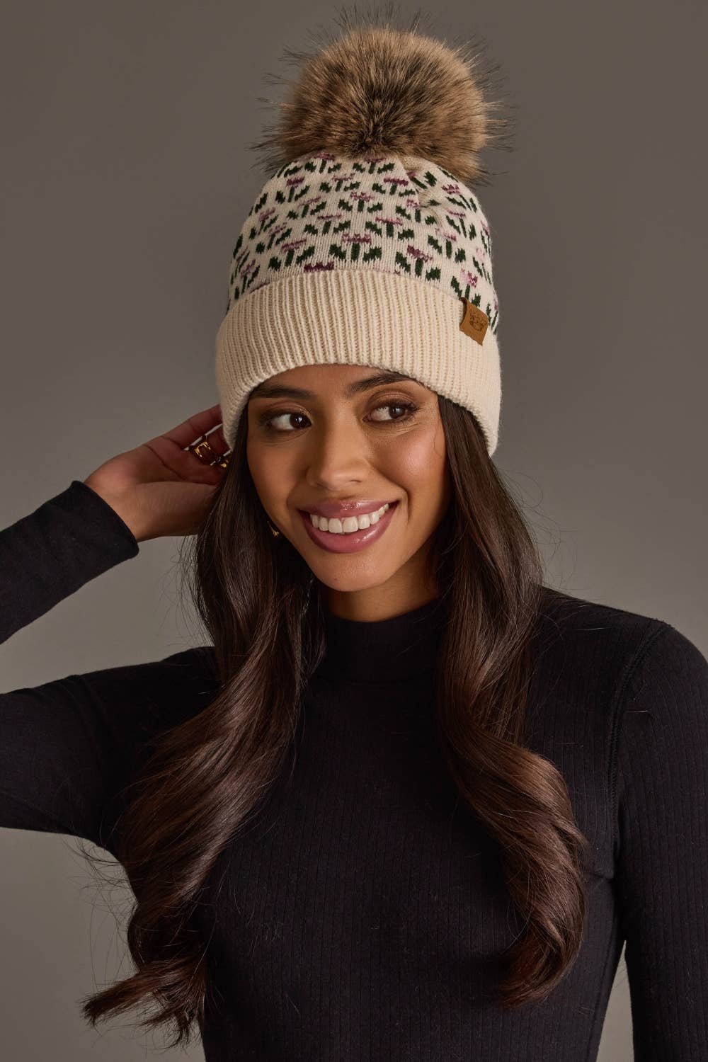 Cream Small Floral Pattern Pom Hat