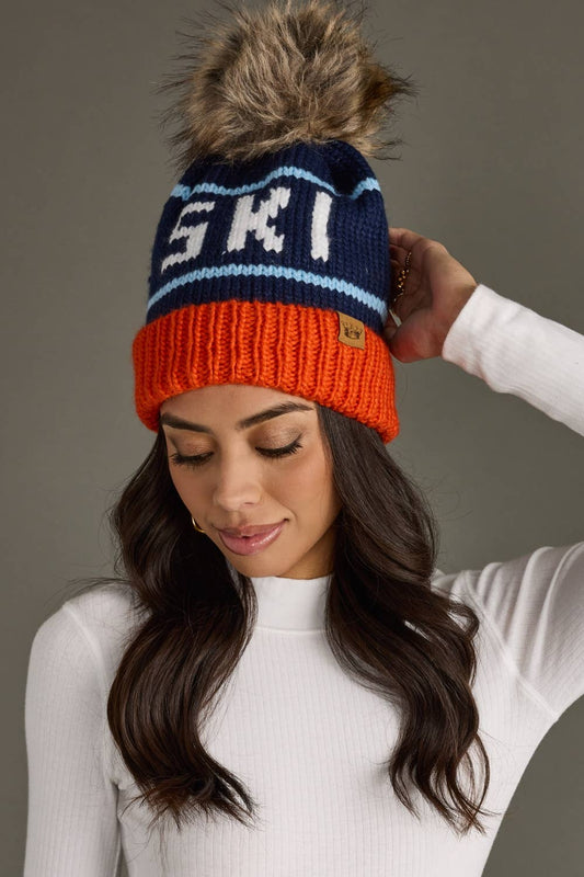 Orange, Navy & Lt. Blue Ski Pom Hat