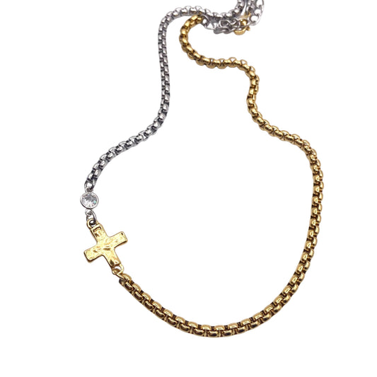 Two-Tone Mixed Metal Hammered Cross Necklace 