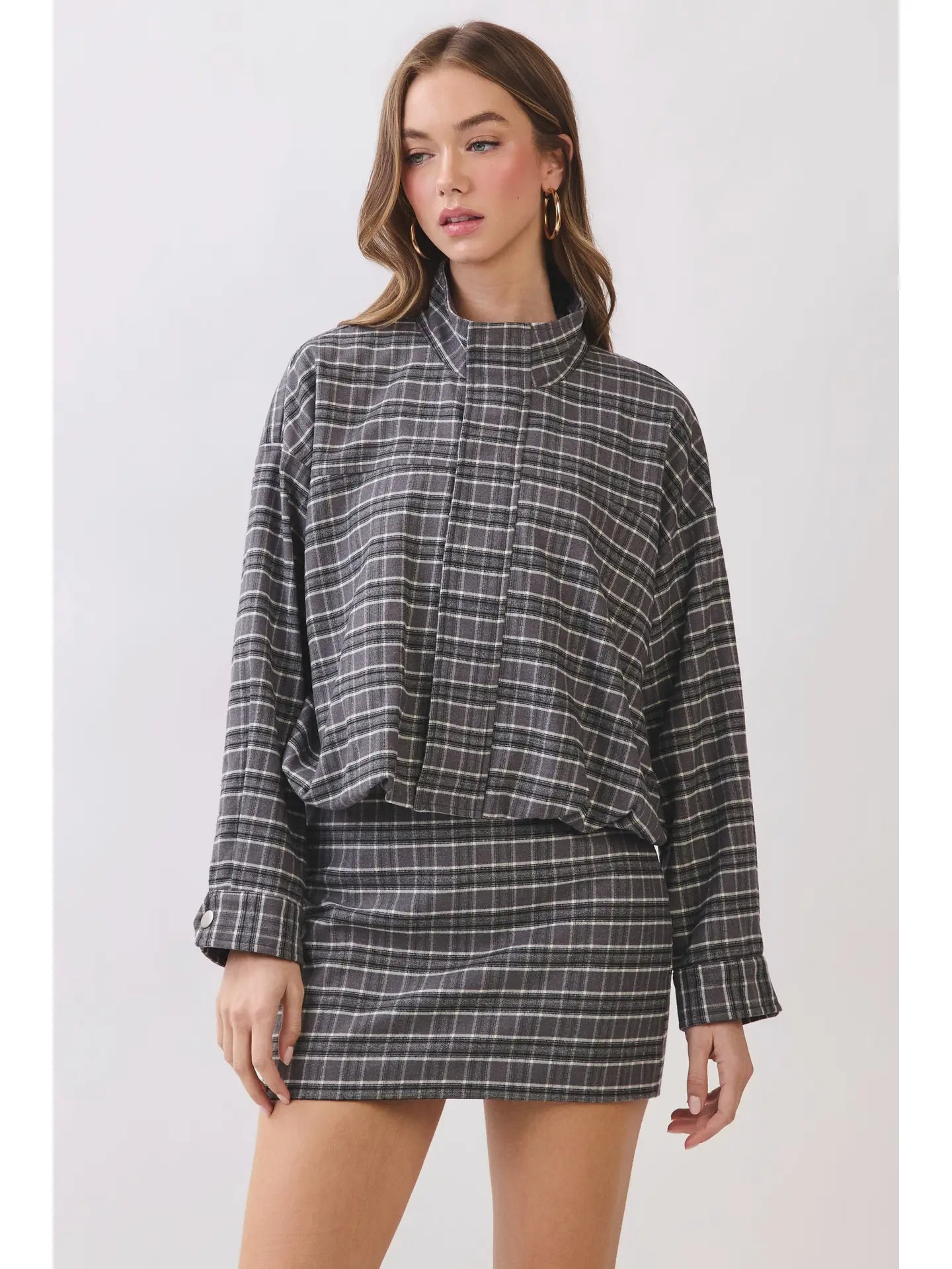Plaid Zip & Button Closure Bomber Jacket