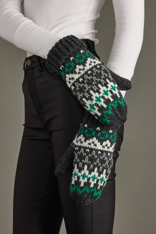 Gray, White & Green Winter Pattern Mittens