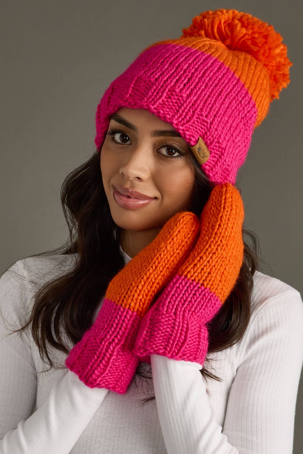 Orange & Pink Color Block Knit Mittens