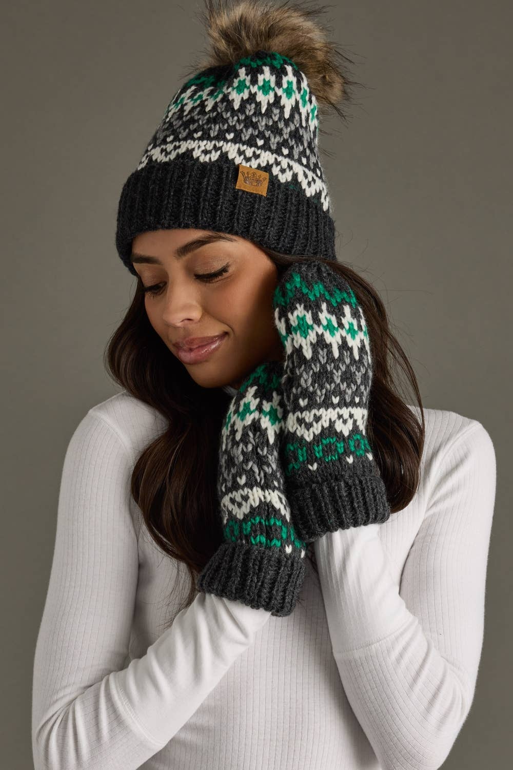 Gray, White & Green Winter Pattern Pom Hat