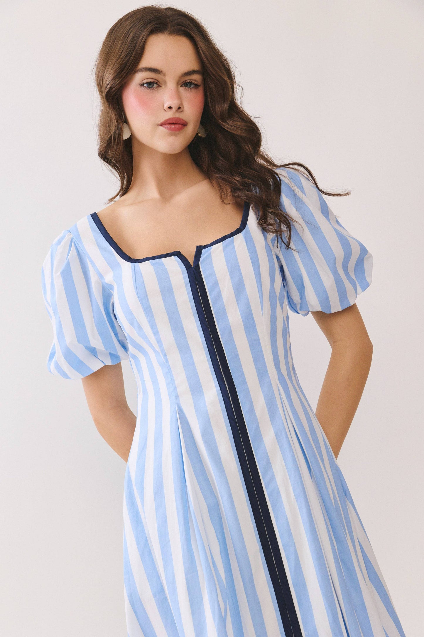 Striped Contrast Piping Detail Square Neck Dress