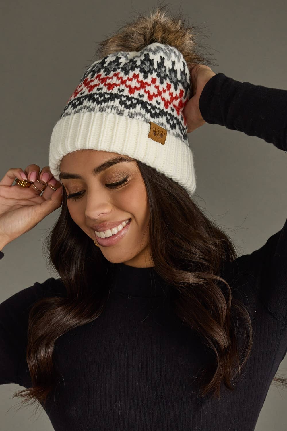 Ivory, Red & Gray Winter Pattern Pom Hat