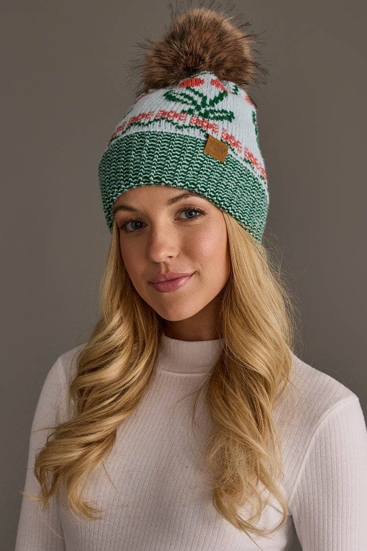 Lt. Blue Cherry Pattern Pom Hat