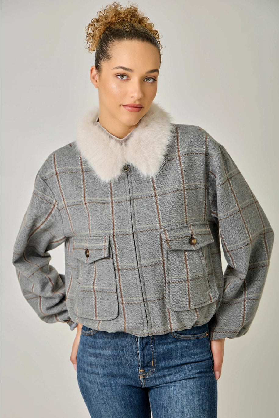 Fur Collared Plaid Bubble Hem Jacket