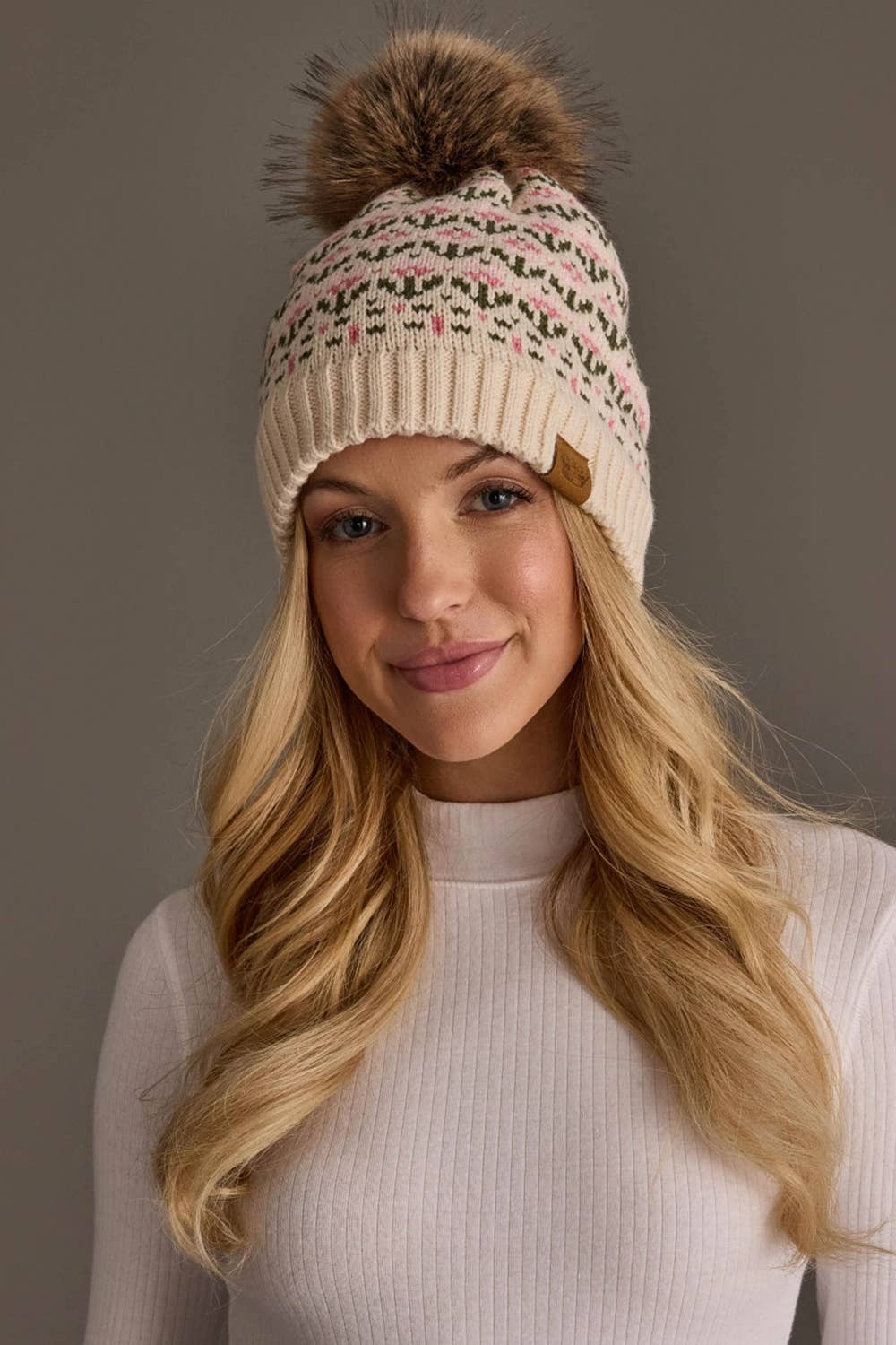 Cream & Pink Floral Pattern Pom Hat