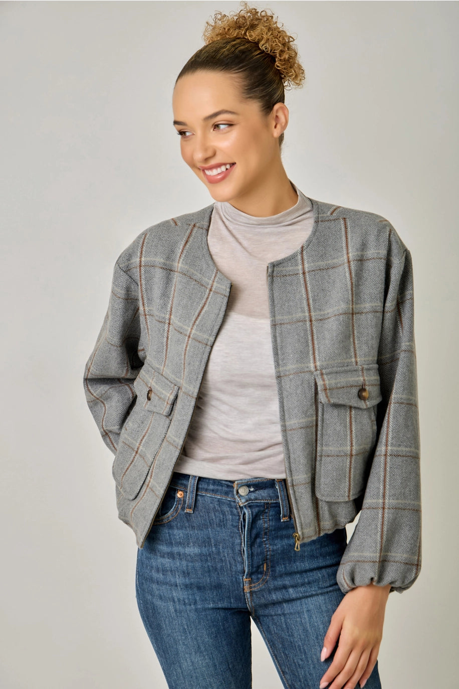 Fur Collared Plaid Bubble Hem Jacket