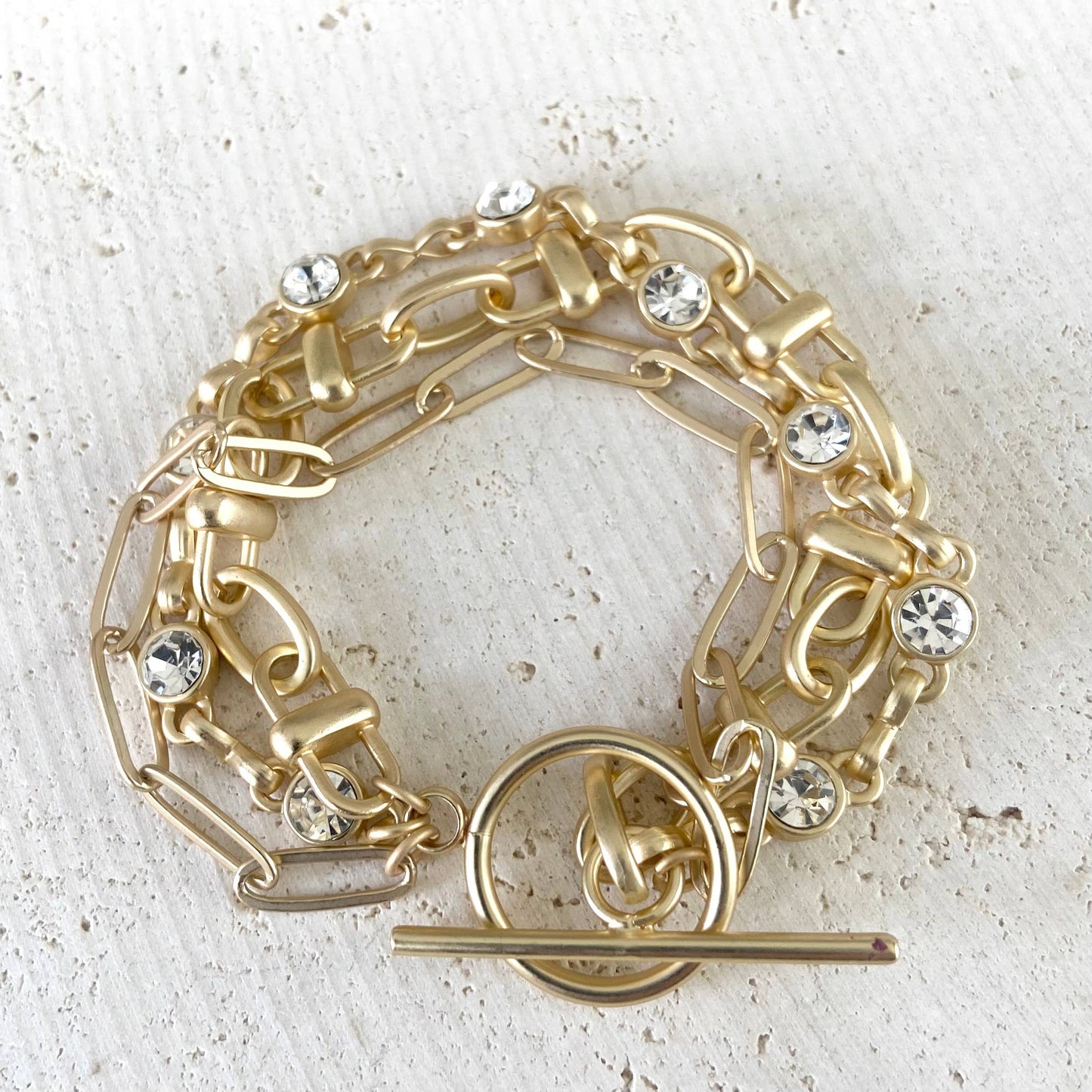 Triple Chain Crystal Bracelet - Matte Gold