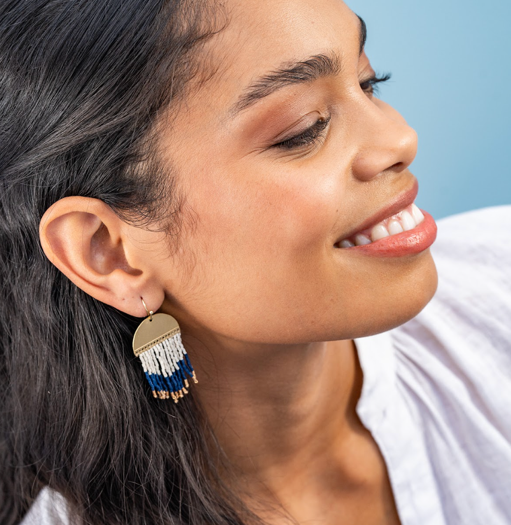 Claudia Curved Pattern Fringe Earrings - Navy