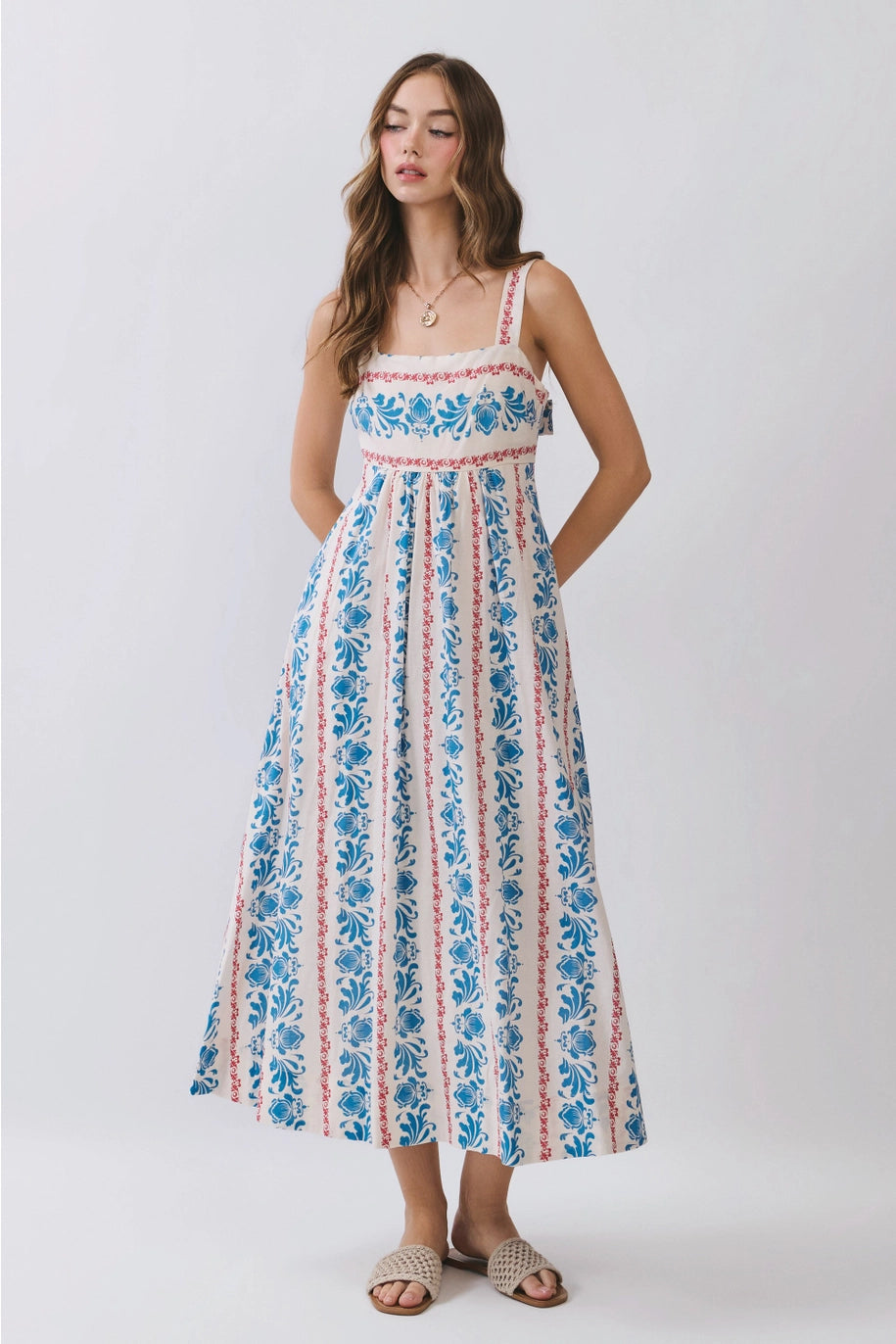 Square Neck Tie Back Midi Dress