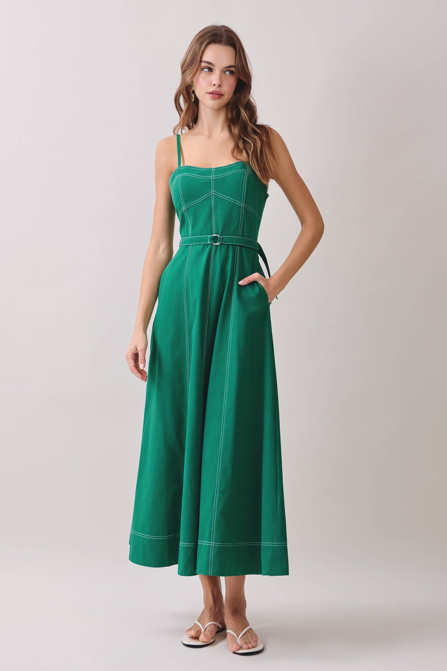 Contrast Topstitching Curved Neckline Midi Dress