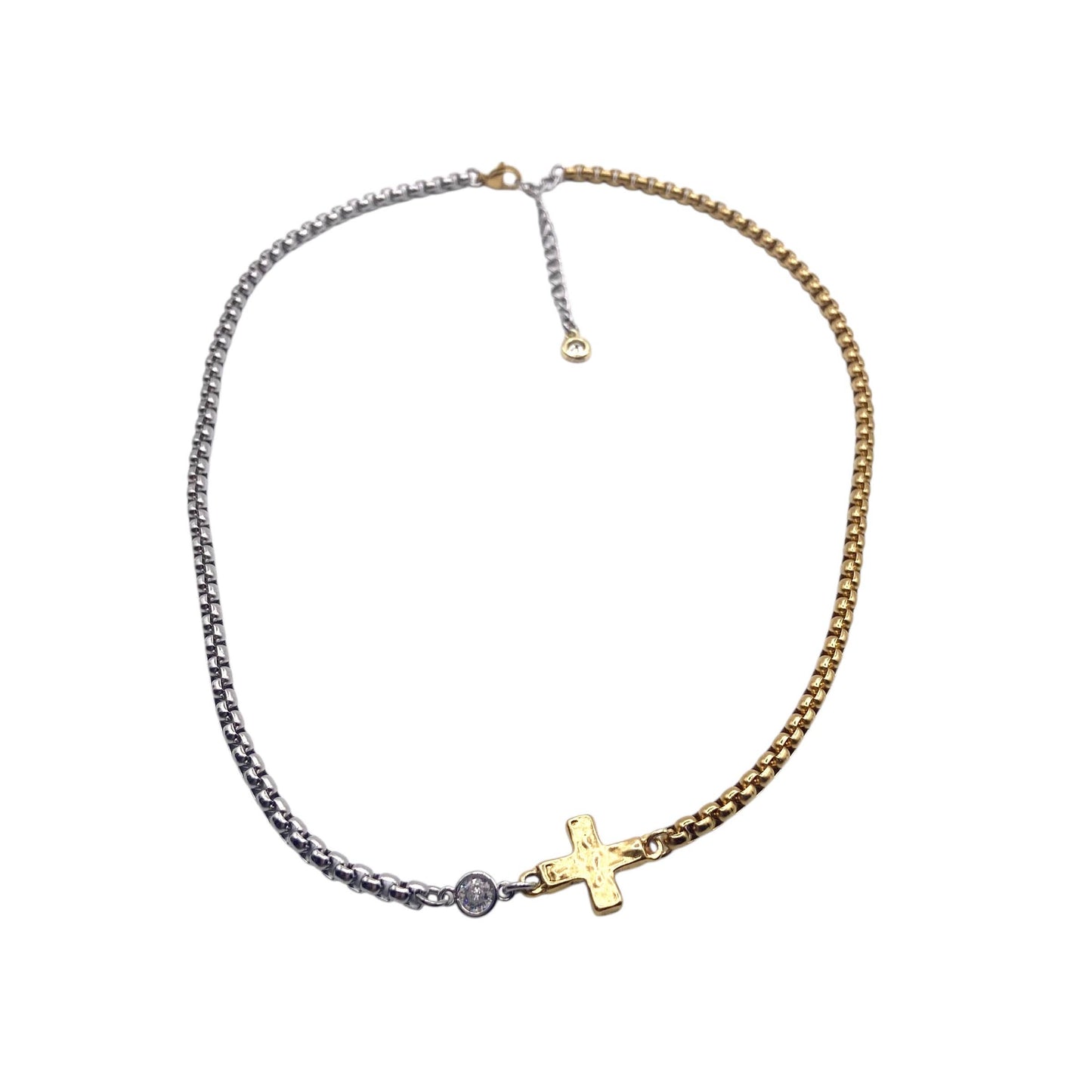 Two-Tone Mixed Metal Hammered Cross Necklace 