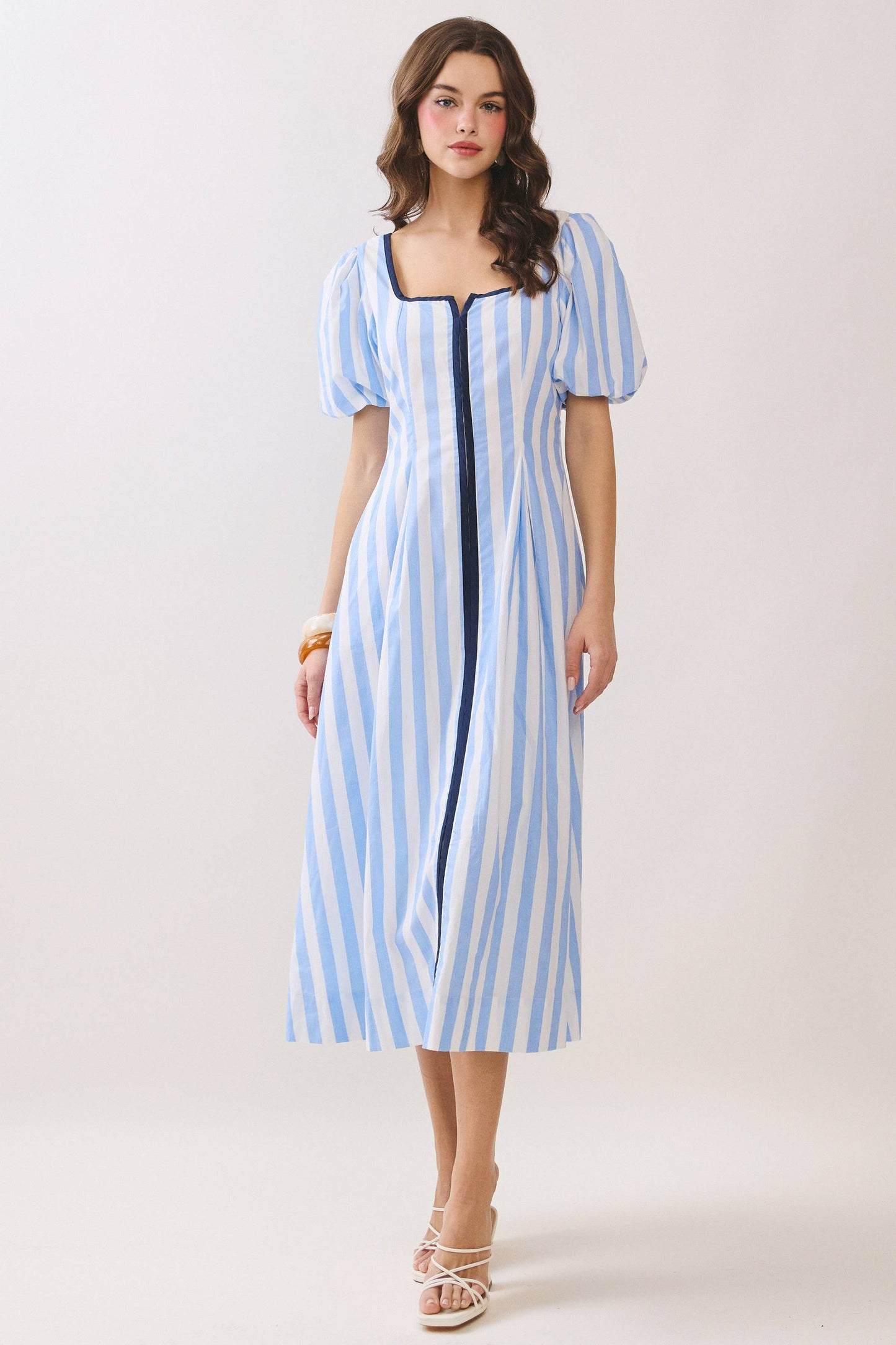 Striped Contrast Piping Detail Square Neck Dress
