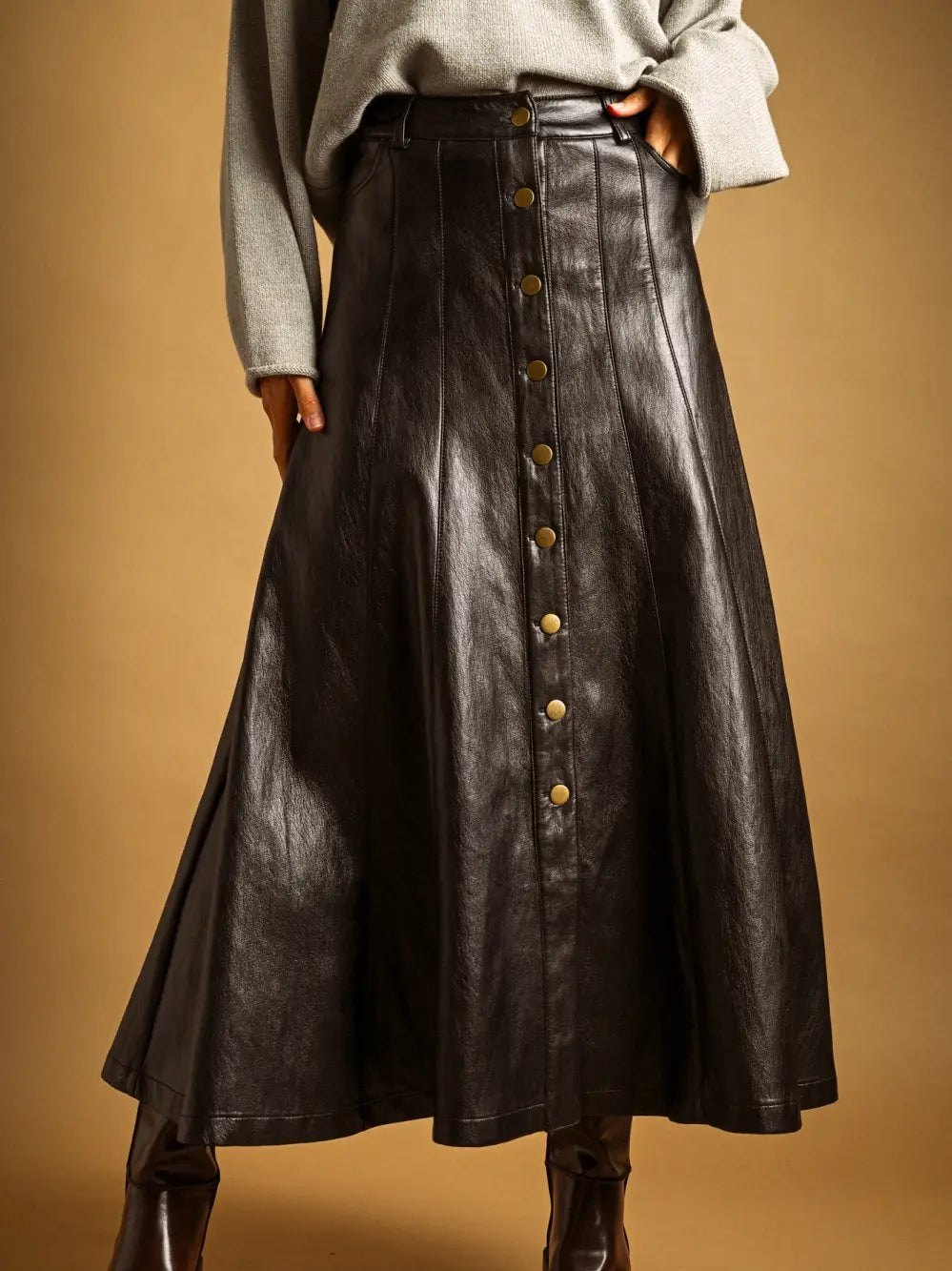 Button Front Faux Leather Skirt