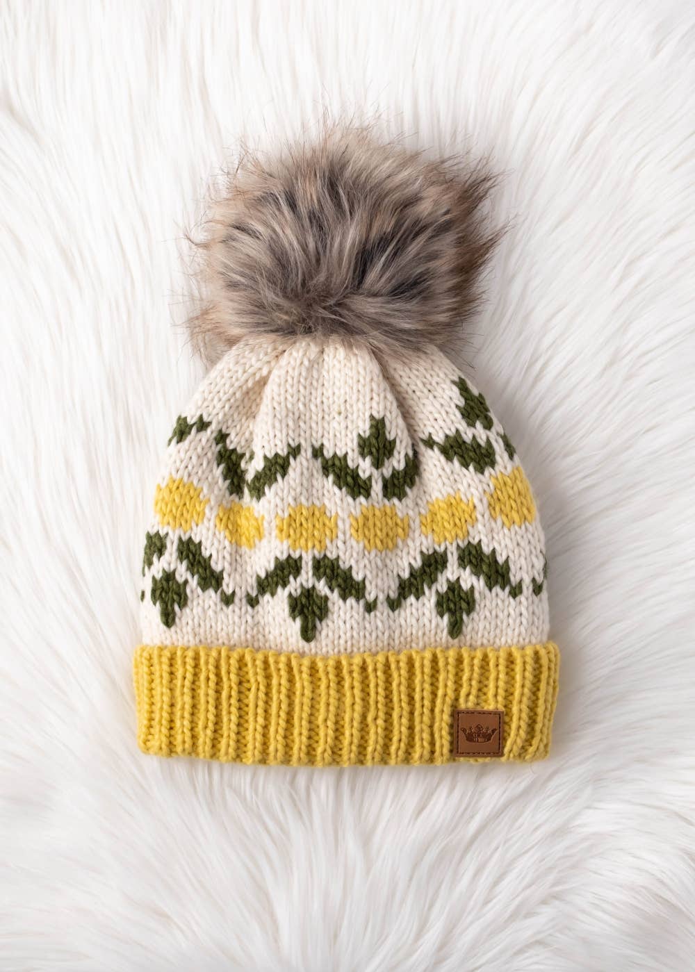 Ivory & Yellow Lemon Patterned Pom Hat