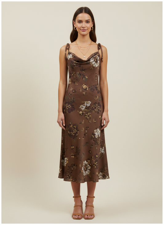 Tie Strap Satin Floral Dress