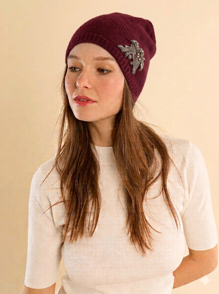 Embroidered Flower Knit Hat