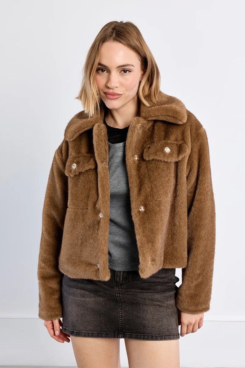 Faux Fur Jacket w/Crystal Snaps