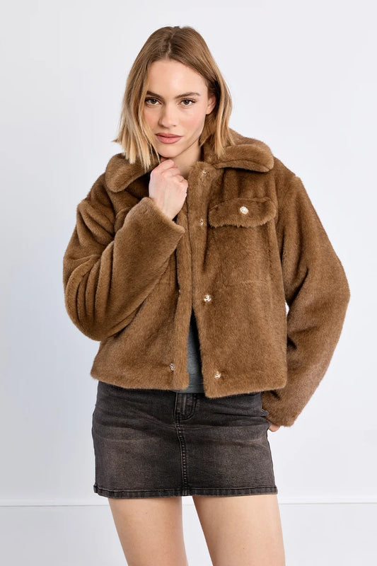 Faux Fur Jacket w/Crystal Snaps