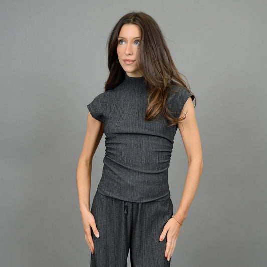 SHIRLAY SIDE SHIRRED MOCKNECK TOP - DK GREY TWIST