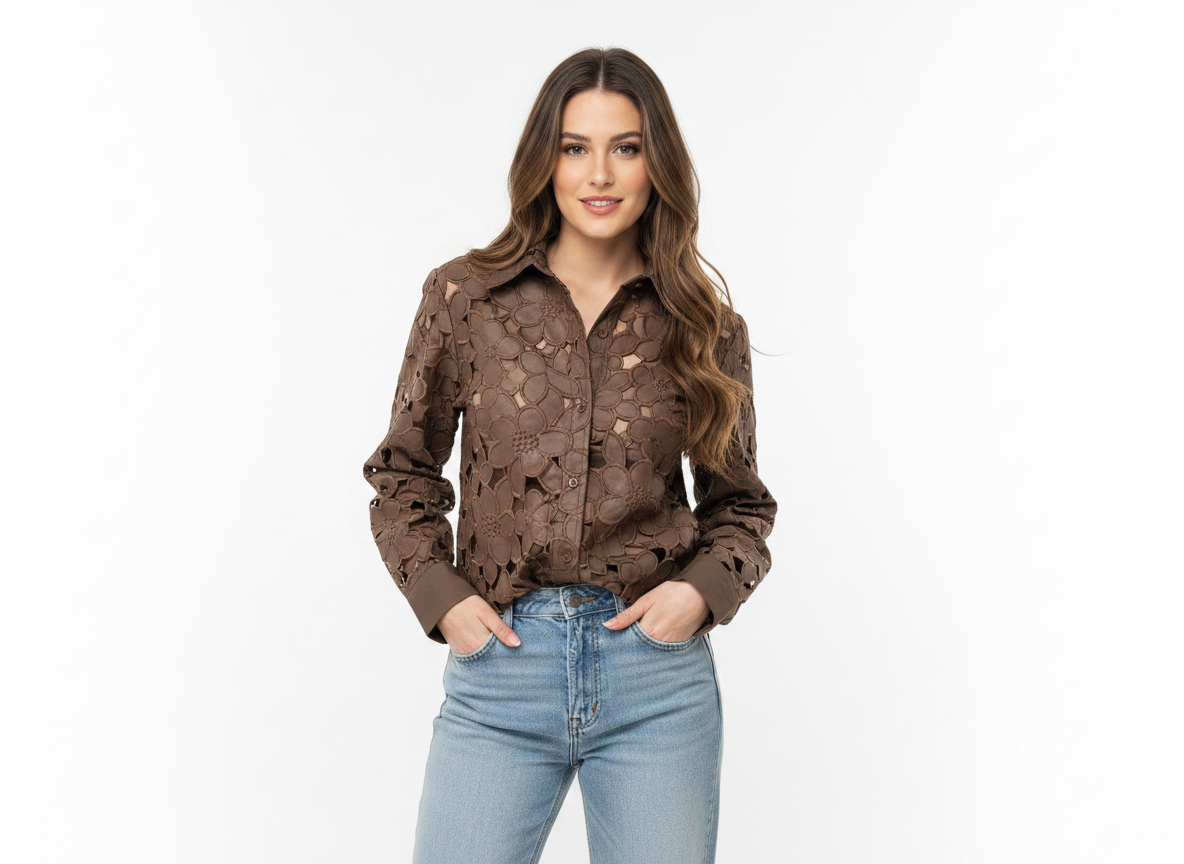 Hollow Out Floral Button Down Top