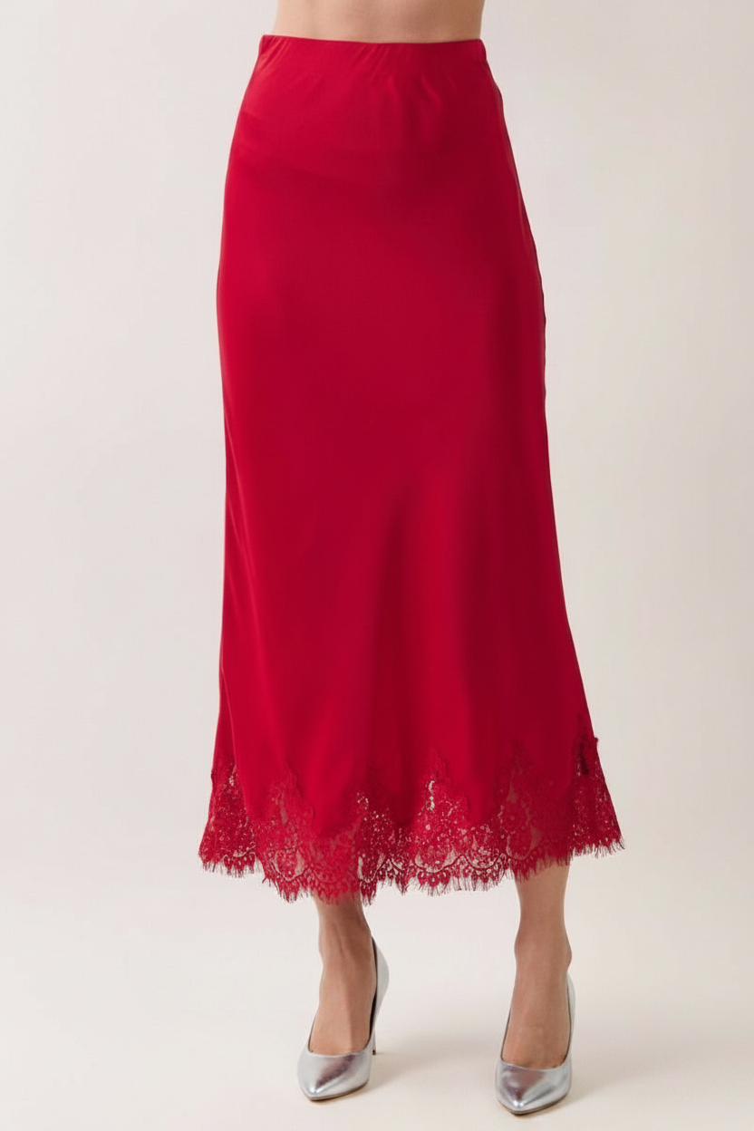 Lace Trim Satin Maxi Skirt
