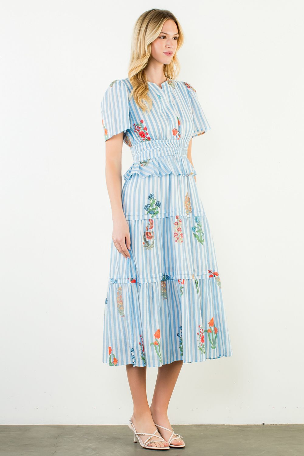 Floral Striped Tiered Midi Dress