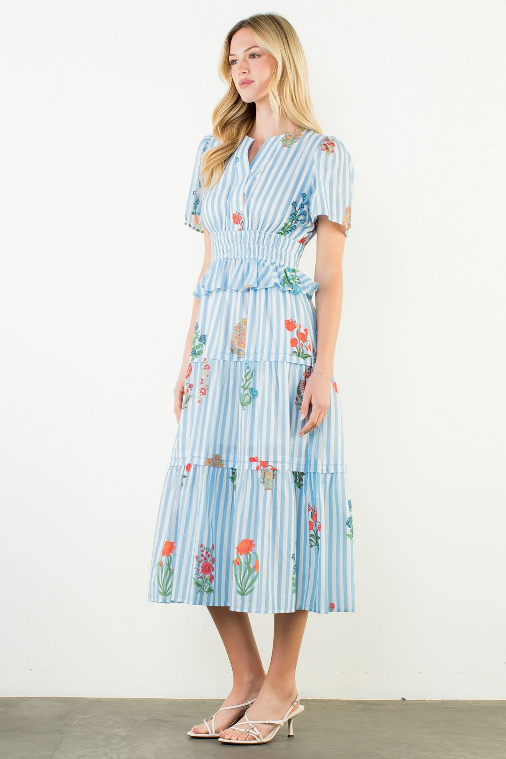 Floral Striped Tiered Midi Dress