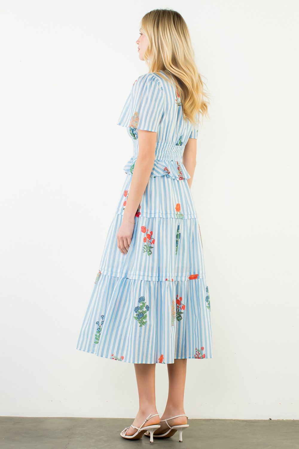 Floral Striped Tiered Midi Dress