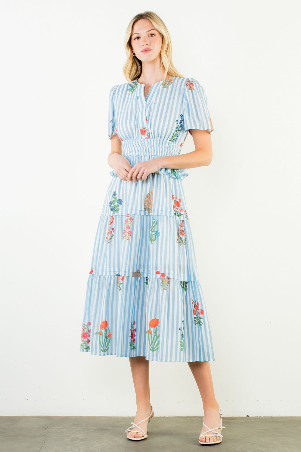 Floral Striped Tiered Midi Dress