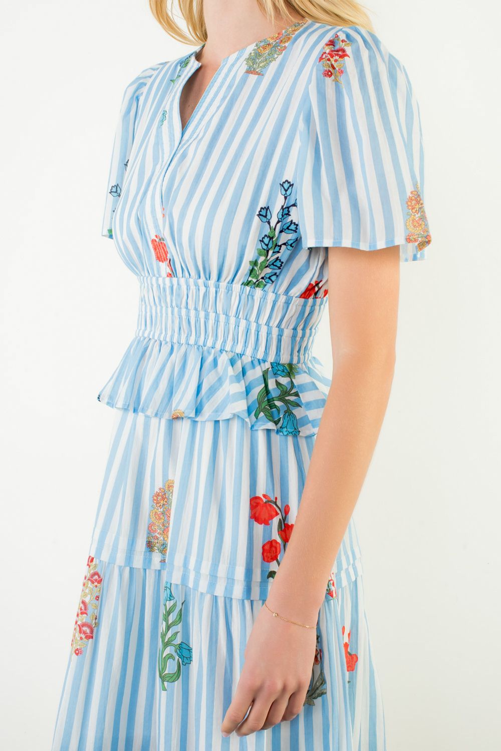 Floral Striped Tiered Midi Dress