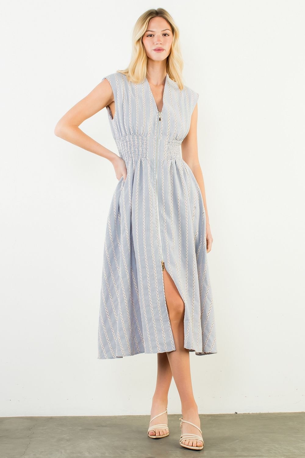 Sleeveless Striped Pattern V-Neck Dress