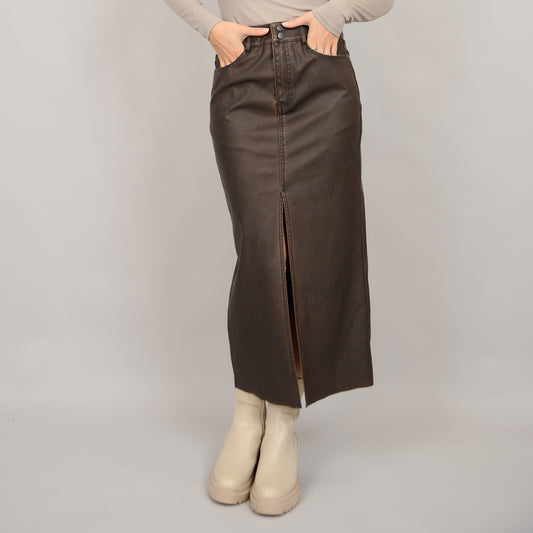 DISTRESSED FAUX LEATHER FRONT SLIT SKIRT