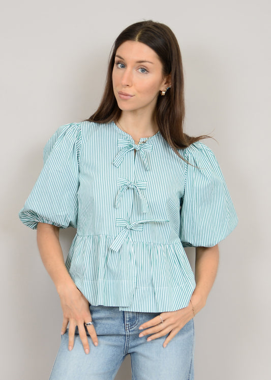 TALLY PUFF SLEEVE FRONT TIE PEPLUM STRIPED BLOUSE