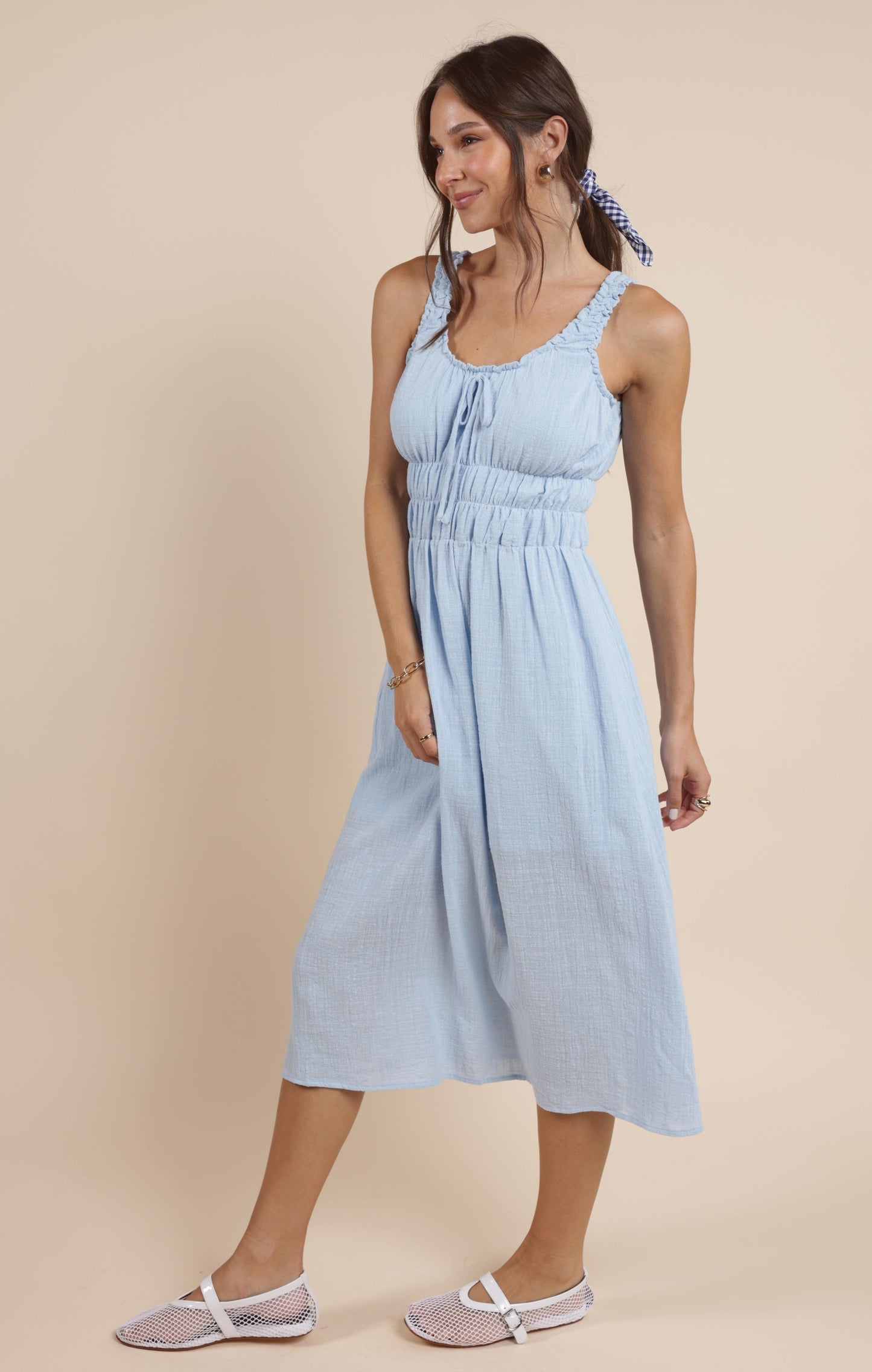 SO CAL SCRUNCHY DETAILS MIDI DRESS