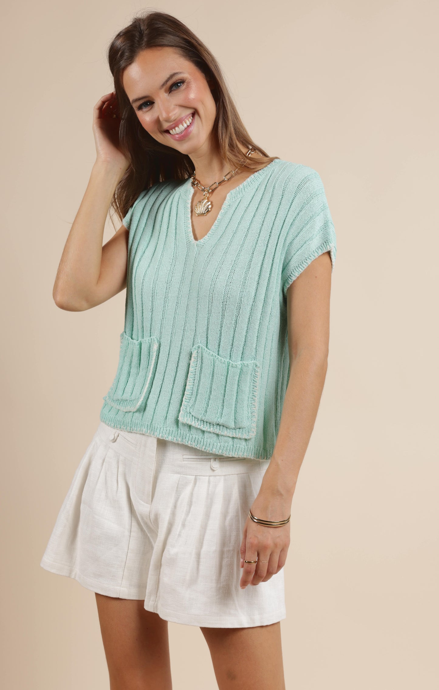 LOOK WITHIN BLANKET STITCHED SWEATER TOP