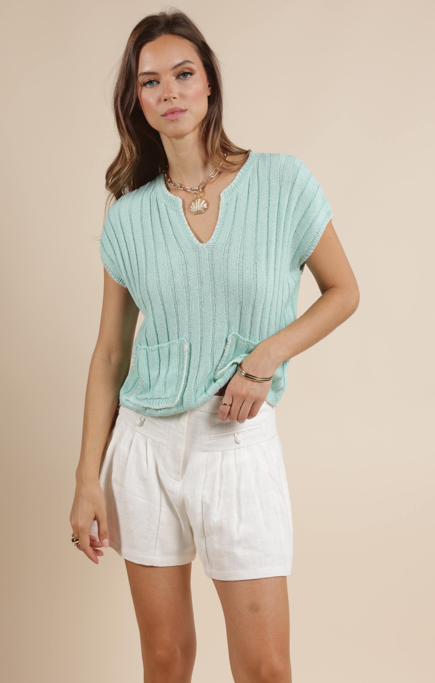 LOOK WITHIN BLANKET STITCHED SWEATER TOP