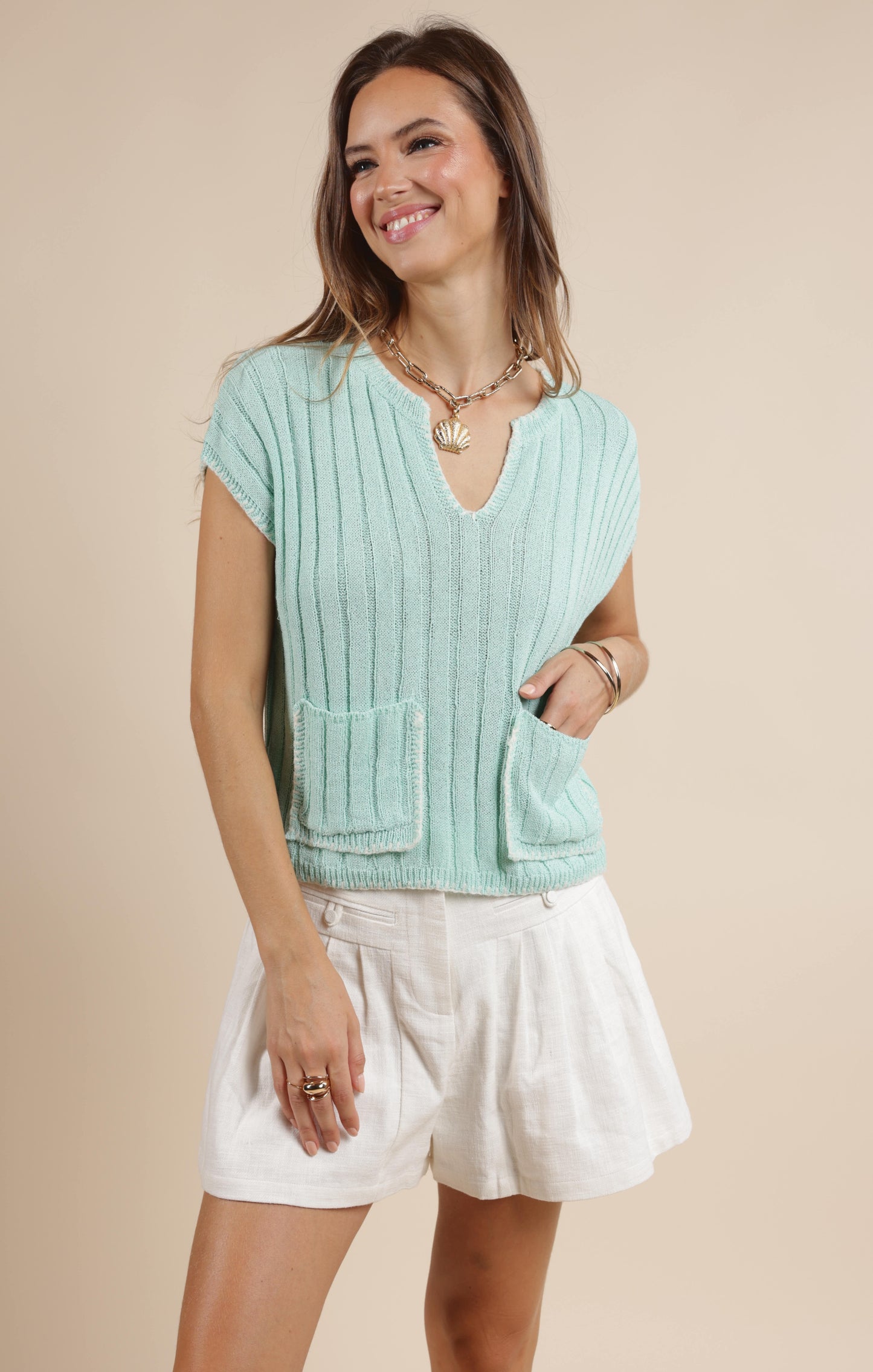 LOOK WITHIN BLANKET STITCHED SWEATER TOP