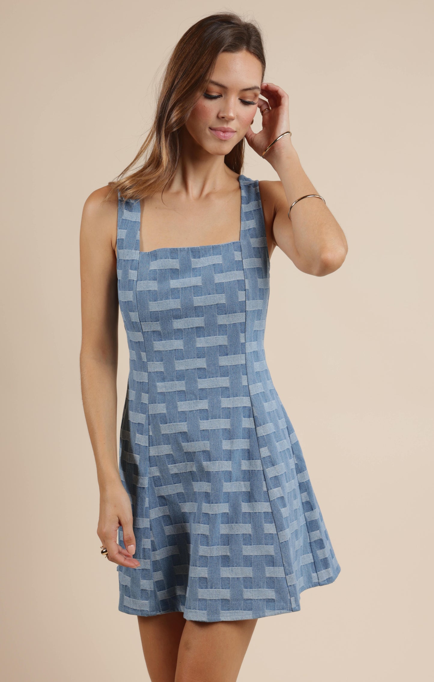 KEEP GOING CROSSHATCHED DENIM MINI DRESS