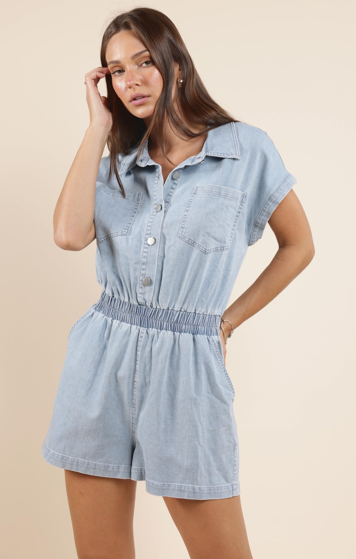 GOOD LUCK STRETCH DENIM ROMPER