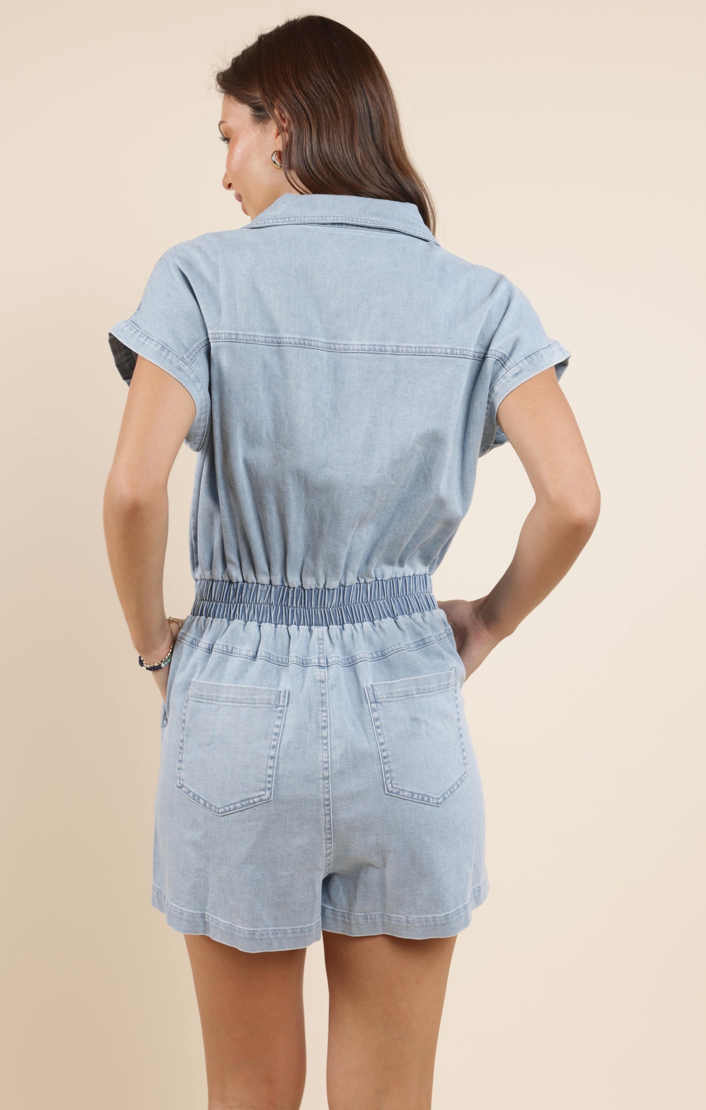 GOOD LUCK STRETCH DENIM ROMPER